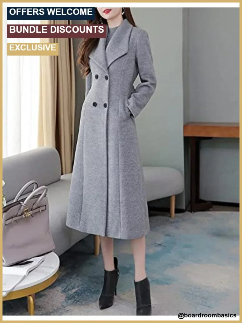 Women's Wool Blended Shawl Collar Double Breasted Long Coat Slim Fit Winter